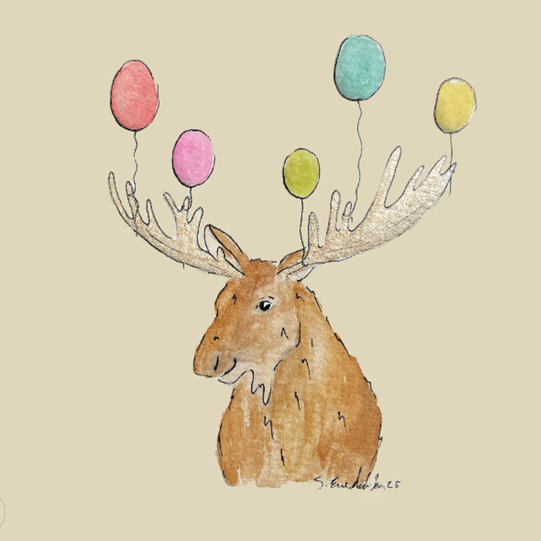Bursdagskort med elg og ballonger - illustrert kort i nordisk stil