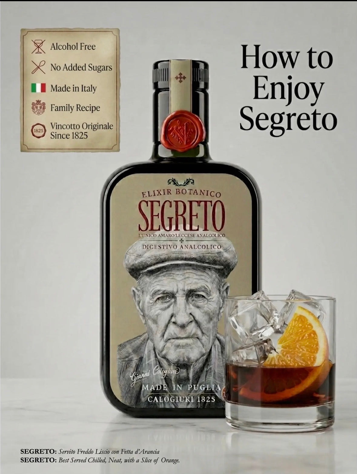Segreto – Alkoholfri italiensk botanisk digestiv. Sendes fra Italia 22. juli. Kan bestilles nå.