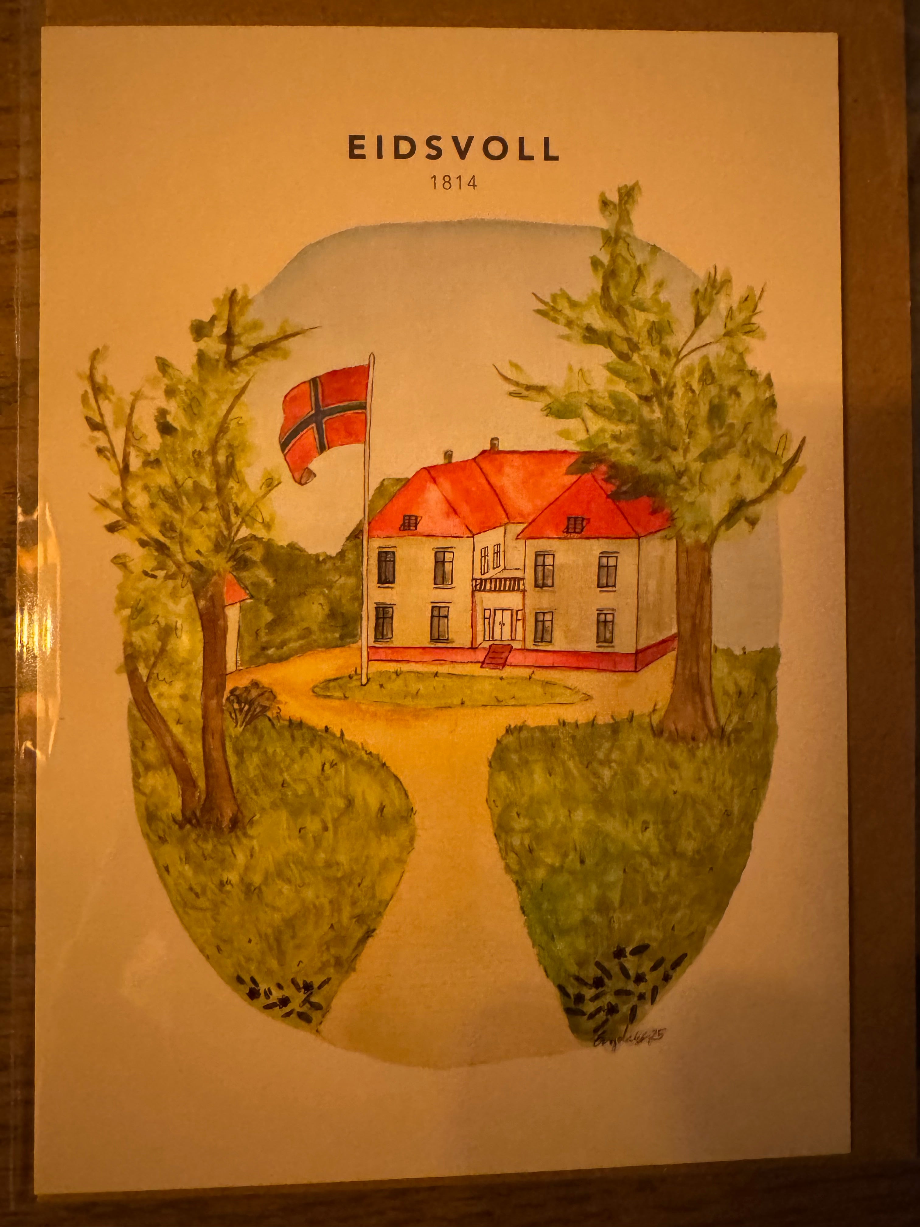 Eidsvollsbygningen kort - håndillustrert enkeltkort med konvolutt