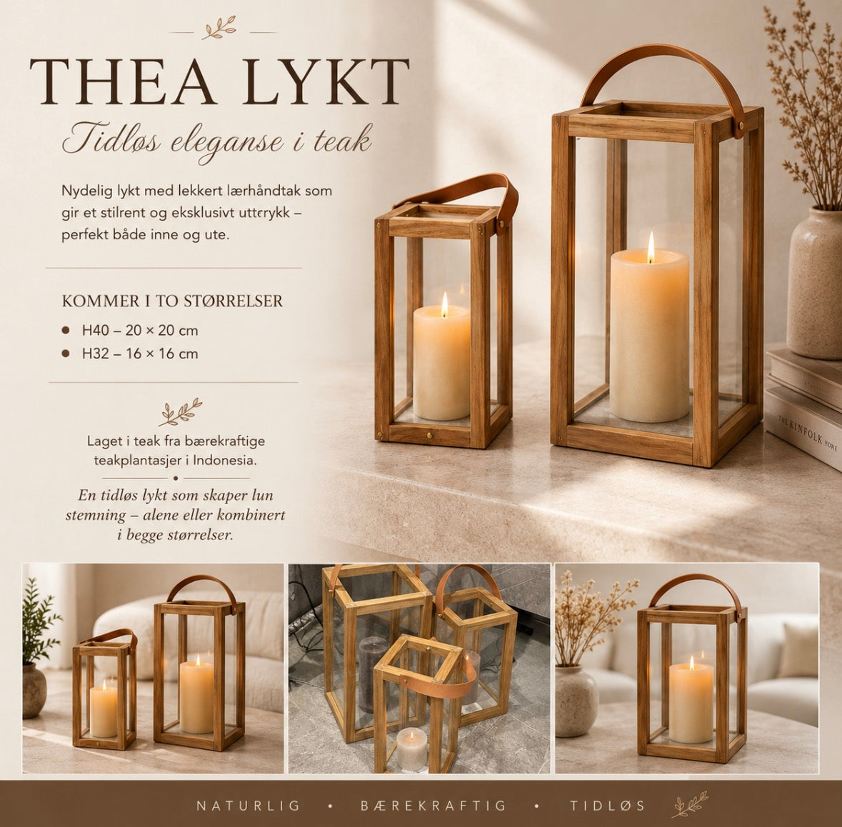 Teak lykt med skinnhåndtak - naturlig og tidløs