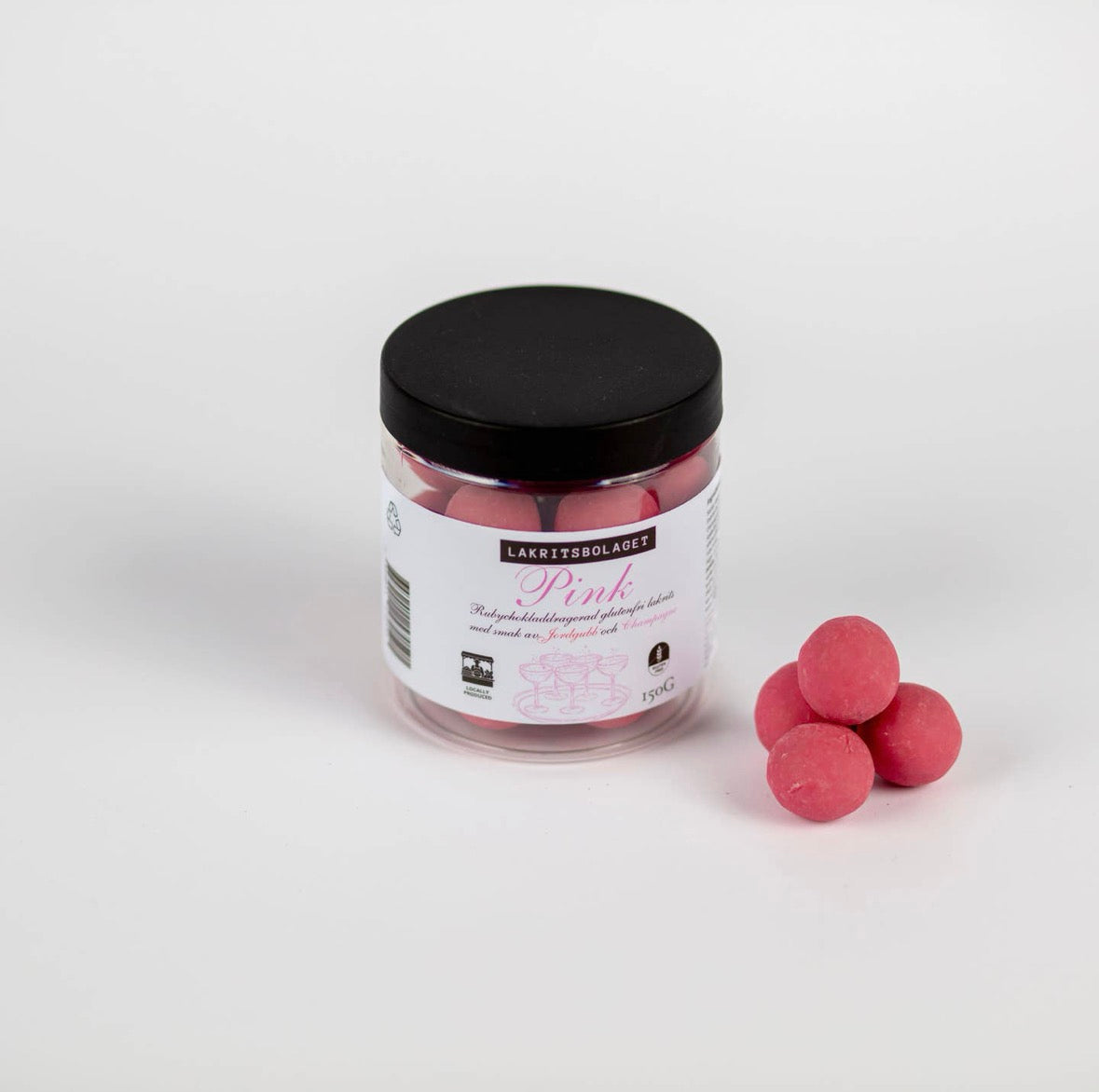 Pink Champagne – Lakris med jordbær & champagne. Sendes fra Sverige 2. juli. Kan bestilles nå.
