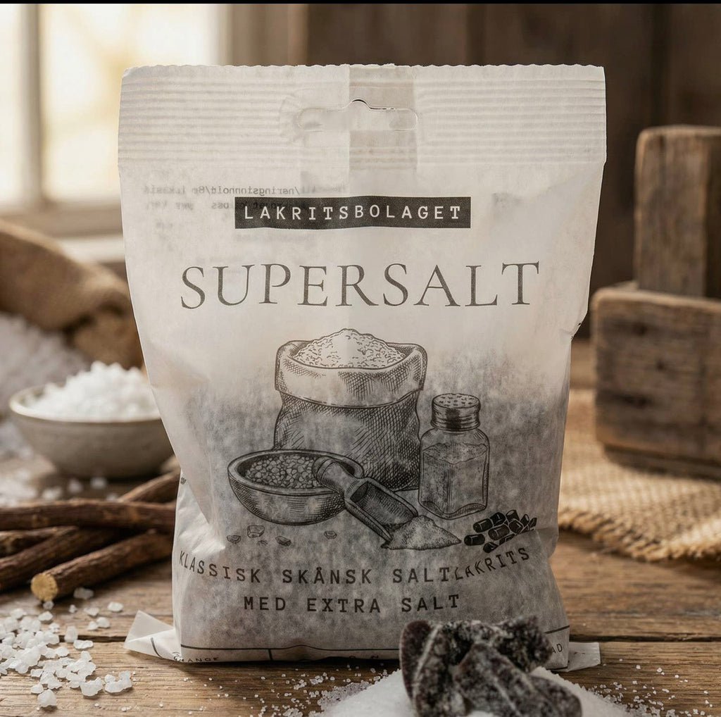 Supersalt – Ekstra salt lakris. Sendes fra Sverige 2. juli. Kan bestilles nå.