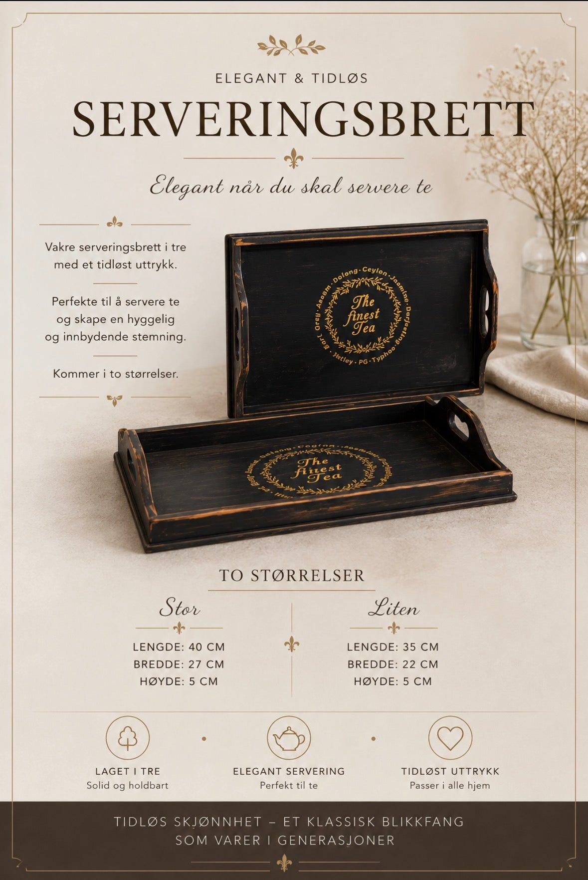 Serveringsbrett i sort tre med håndtak – The Finest Tea 48 x 34 cm